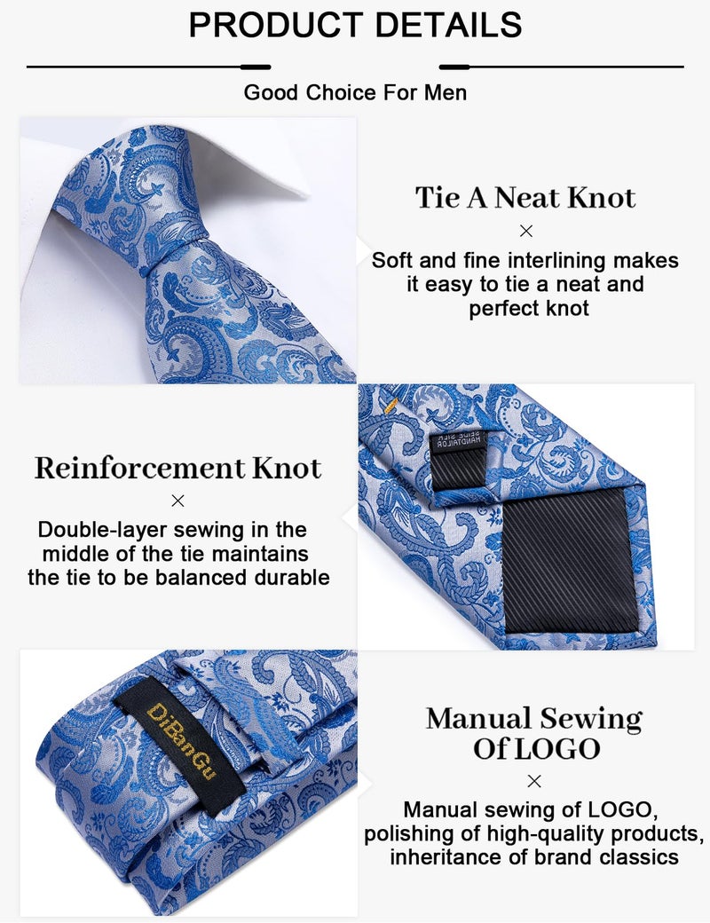 DiBanGu Paisley Ties for Men Silk Necktie and Pocket Square Cufflinks Tie Clip Set Woven Classic Mens Tie for Wedding Party, Light Blue - Image 5