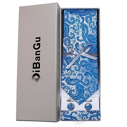 DiBanGu Paisley Ties for Men Silk Necktie and Pocket Square Cufflinks Tie Clip Set Woven Classic Mens Tie for Wedding Party, Light Blue - Image 3