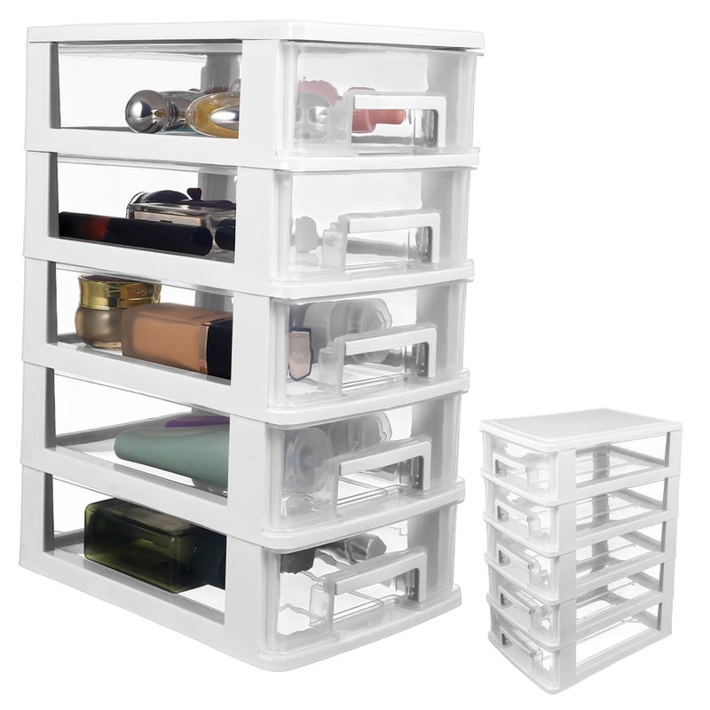 Multifunctional 5 Layer Stackable Plastic Drawer Cabinet Desktop Organizer White Transparent - Image 2