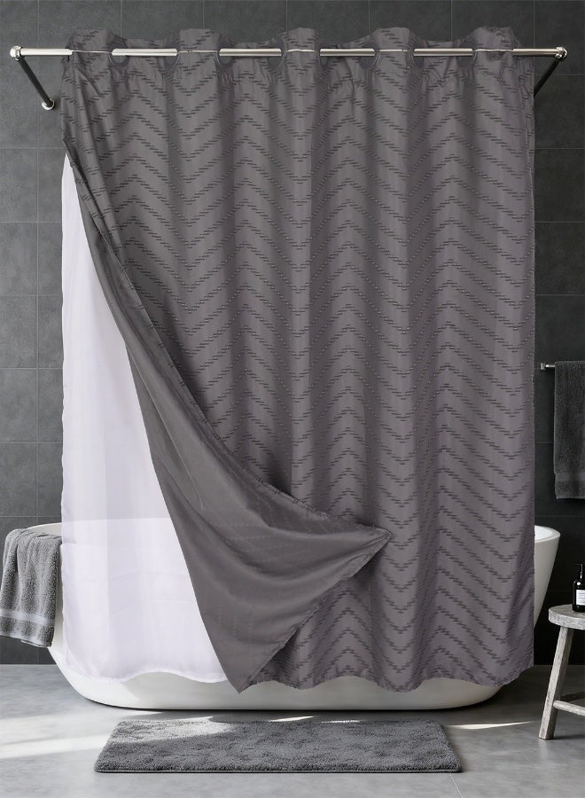 Noon East No Hook Shower Curtain with Snap in Liner Replacement - Waterproof Fabric - Boho Pattern, 180x188cm Size - Grey - Image 1