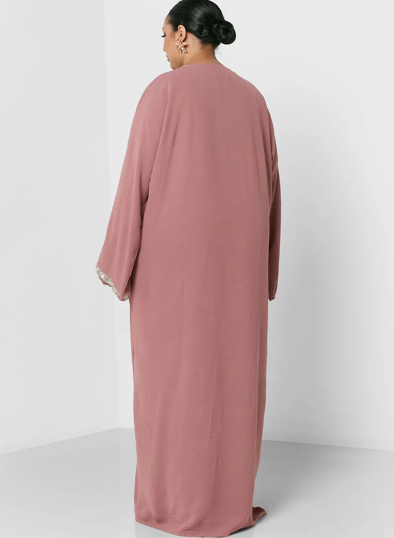 Hayas Closet Curve Contrast & Lace Detail Abaya