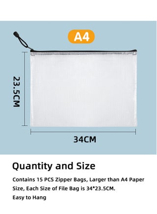 15PCS A4 Zipper File Document Bags Wallets, Tear-Resistant Plastic Mesh Folders Bags Pockets Pouch Storage, Waterproof Clear Letter Size Bags for School Office Travel Homework (34*23.5CM, Black) - view 3