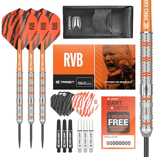 Target Darts طقم سهام دارت من تارجت - ريموند فان بارنيفيلد RVB 23G من التنجستن مع رؤوس فولاذية - 9 أعمدة برو جريب - 9 طائرات برو ألترا - محفظة دارت - قسيمة تطبيق عداد الدارت - Image 1