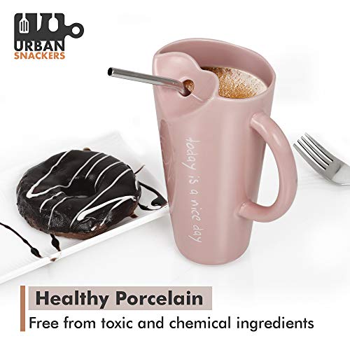 Urban Snackers Mug with Metal Straw for Coffee, Tea, Milk & Beverages, 500 Ml, 2 Piece, Pink - Image 2