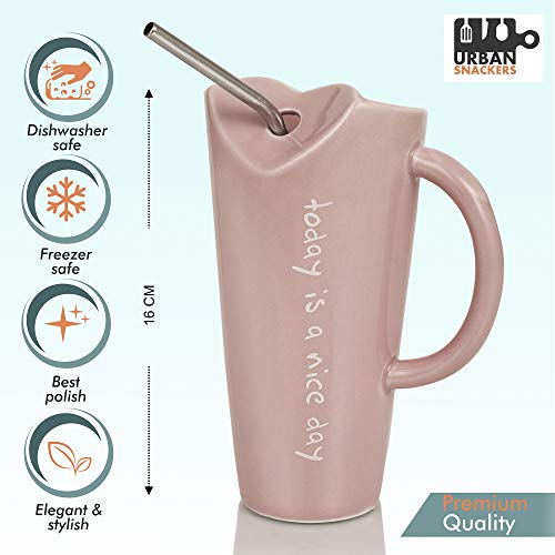 Urban Snackers Mug with Metal Straw for Coffee, Tea, Milk & Beverages, 500 Ml, 2 Piece, Pink - Image 4