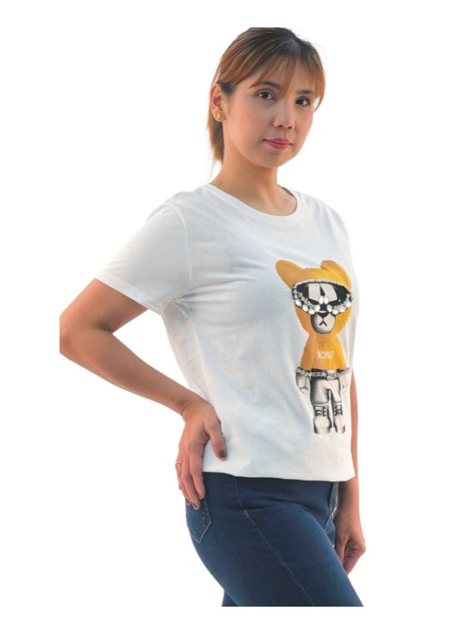 JOANNA JOANNA W203021 Women's Mono Bear Print Round Neck Short Sleeve T-Shirt - White  - Image 3