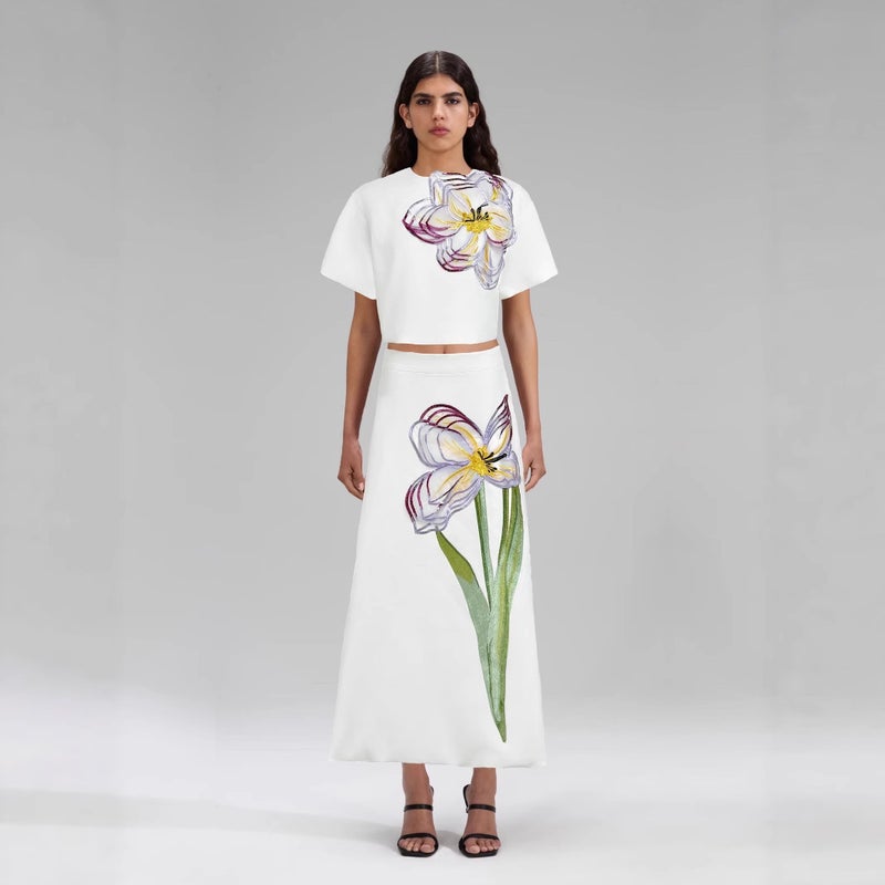 European and American Cross-Border Vacation Style Round Neck Short-Sleeved Top A-Line Skirt Suit Retro Embroider Patch Elegant and Fashionable Yellow - Image 5