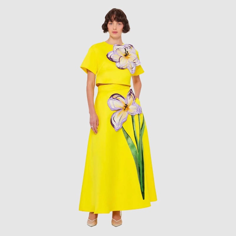 European and American Cross-Border Vacation Style Round Neck Short-Sleeved Top A-Line Skirt Suit Retro Embroider Patch Elegant and Fashionable Yellow - Image 3