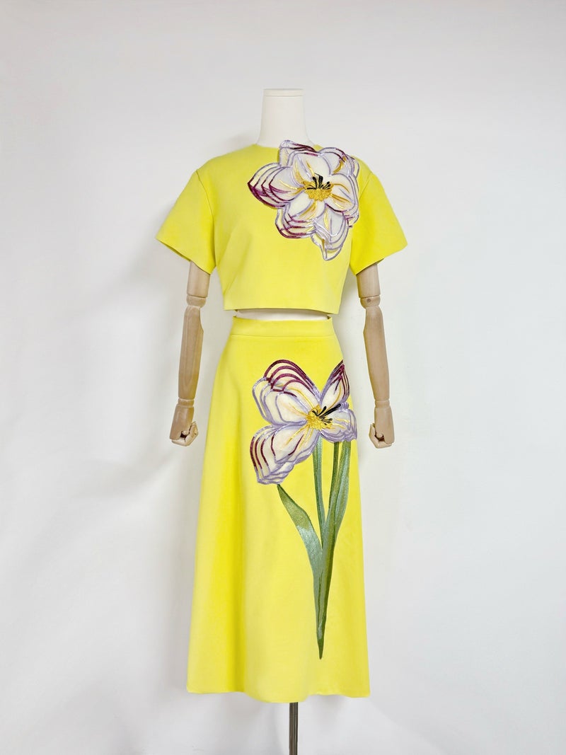 European and American Cross-Border Vacation Style Round Neck Short-Sleeved Top A-Line Skirt Suit Retro Embroider Patch Elegant and Fashionable Yellow - Image 1