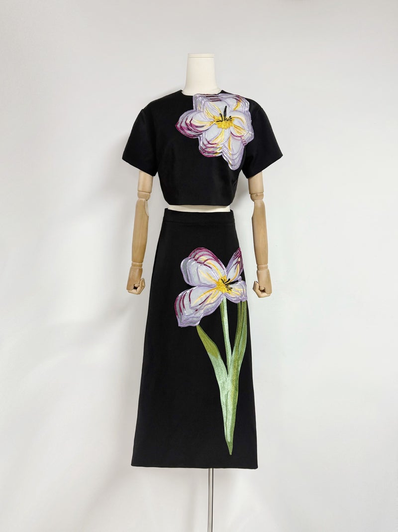 European and American Cross-Border Vacation Style Round Neck Short-Sleeved Top A-Line Skirt Suit Retro Embroider Patch Elegant and Fashionable Yellow - Image 2