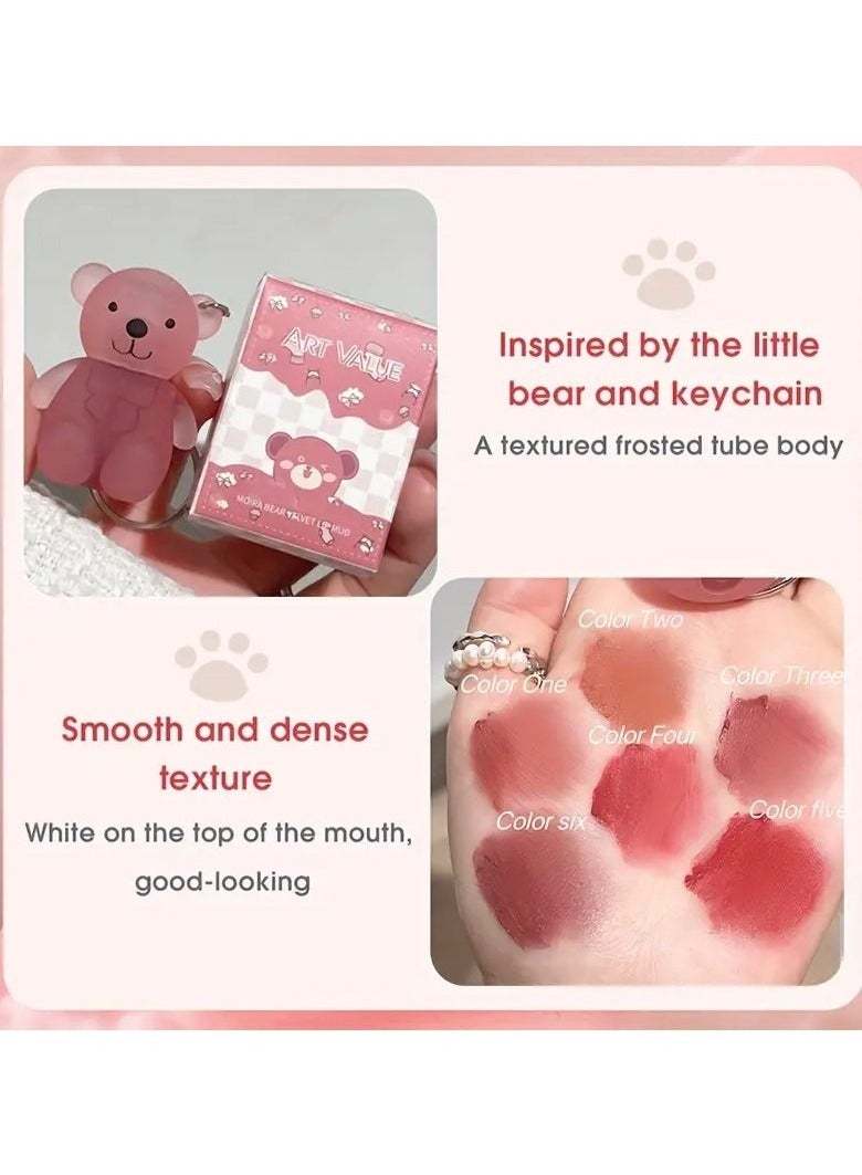 يوكانبي طين شفاه دب مخملي نابض بالحياة-ناعم غير لامع، ظل منخفض التشبع، أنبوب متجمد مع تصميم سلسلة المفاتيح، قيمة فنية، طويلة الأمد، مرطب، ومكياج محمول صقيل الشفاه - Image 4
