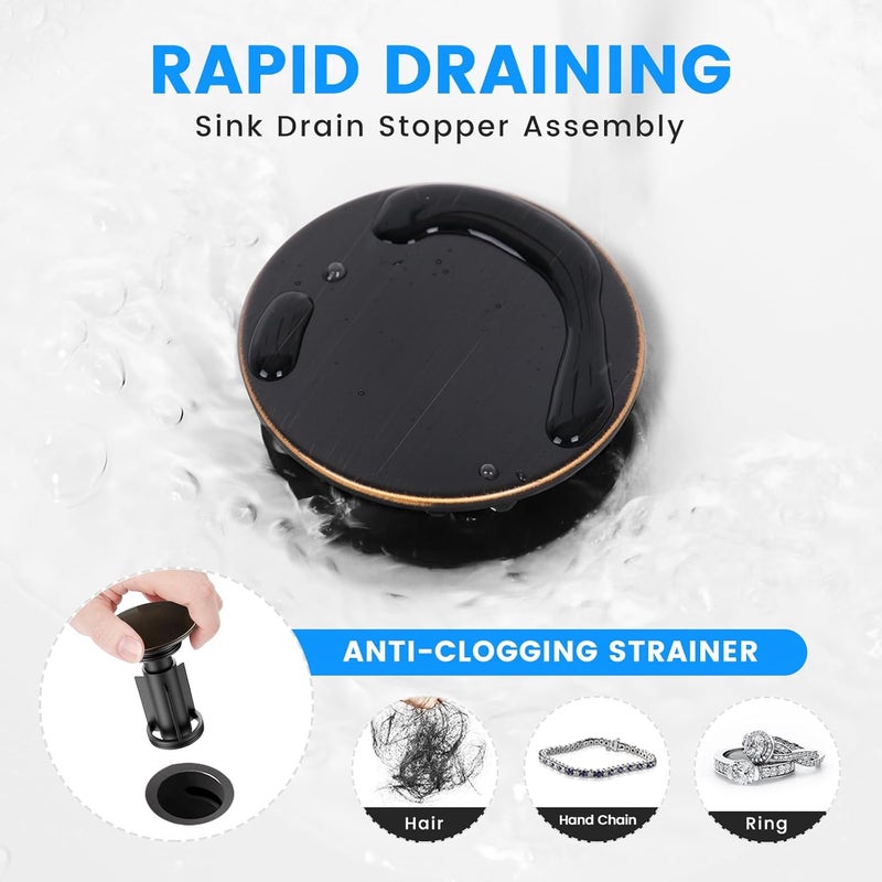 Hurran Bathroom Sink Drain with Overflow, Universal Bathroom Sink Stopper for Bathroom Vanity Vessel Sink, Plastic Pop-up Sink Drain with Hair Catcher Anti-Clog Strainer, 2 Pack, Oil Rubbed Bronze - Image 4