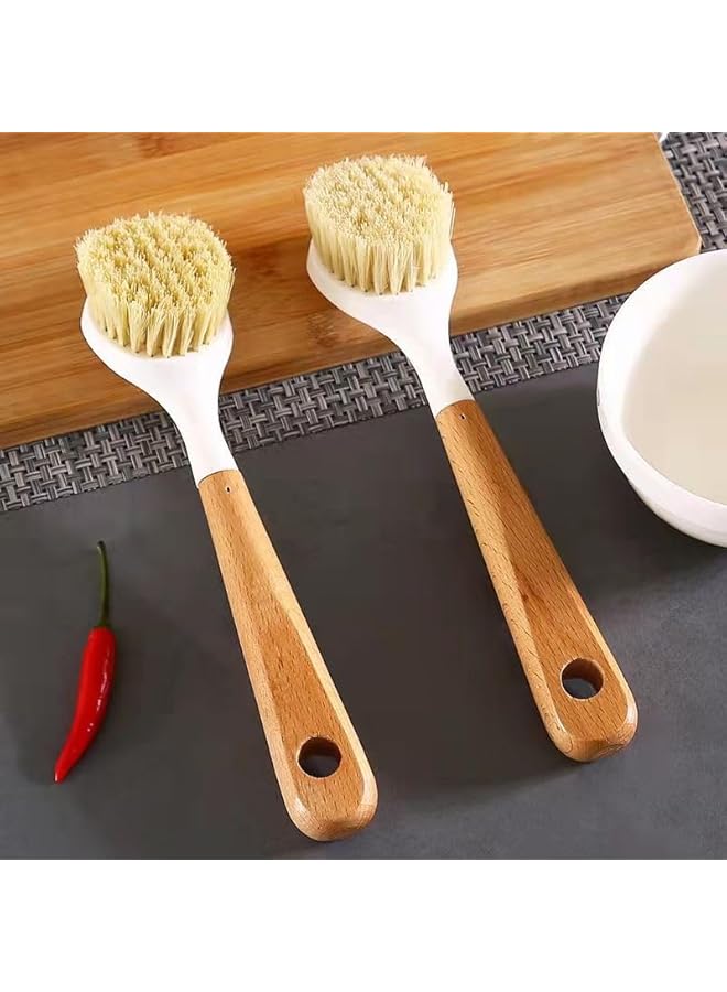 promass 2PCS Kitchen Dish Brush for Pans and Pots, Bamboo Handle Dish Scrubber Built-in Scraper Dishwashing Cleaning Tools - Image 3