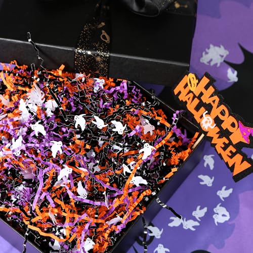 PAPER FAIR 1LB Halloween Metallic Black Orange Purple Crinkle Cut Paper with Ghost Confetti, Trick or Treat Candy Gift Basket Box Shredded Paper Raffia Filler, Craft Bedding Cushion, Birthday Party - Image 5
