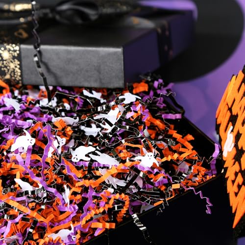 PAPER FAIR 1LB Halloween Metallic Black Orange Purple Crinkle Cut Paper with Ghost Confetti, Trick or Treat Candy Gift Basket Box Shredded Paper Raffia Filler, Craft Bedding Cushion, Birthday Party - Image 4