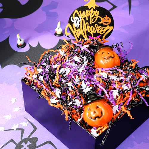 PAPER FAIR 1LB Halloween Metallic Black Orange Purple Crinkle Cut Paper with Ghost Confetti, Trick or Treat Candy Gift Basket Box Shredded Paper Raffia Filler, Craft Bedding Cushion, Birthday Party - Image 3