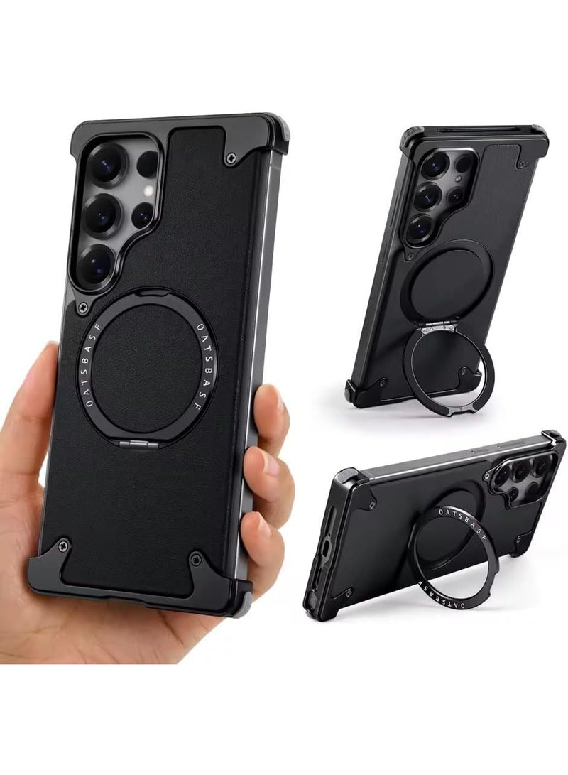 Oatsbasf Frameless Case For Samsung Galaxy S25 Ultra With Aramid Fiber Shockproof Protective Cover 360 Degree Rotating Stand MagSafe Compatible Slim Metal Leather Case Black - Image 1