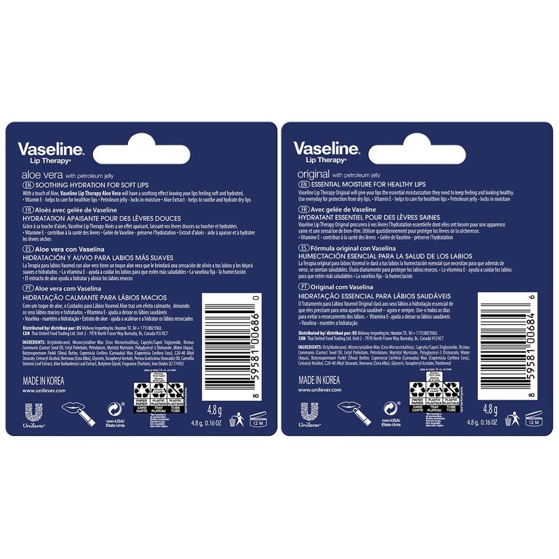 Vaseline Lip Therapy Variety 4-Pack â€“ Original + Aloe Vera Moisturizing Lip Balm with Vitamin E, 0.16 Oz Ea - Image 2