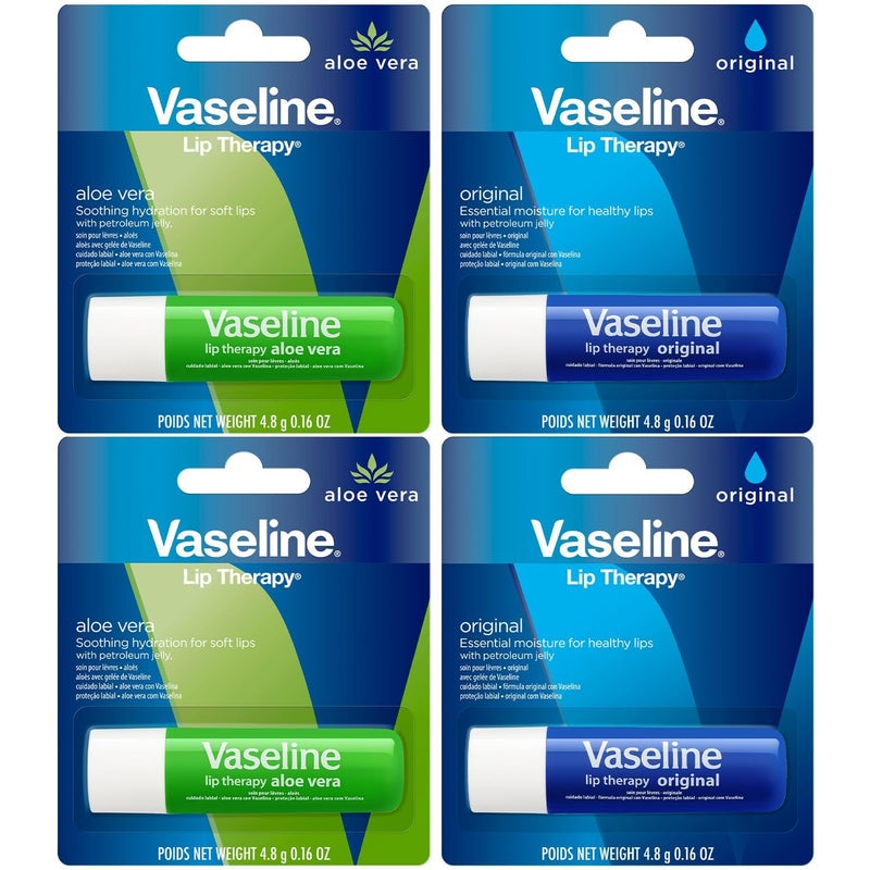 Vaseline Lip Therapy Variety 4-Pack â€“ Original + Aloe Vera Moisturizing Lip Balm with Vitamin E, 0.16 Oz Ea - Image 1