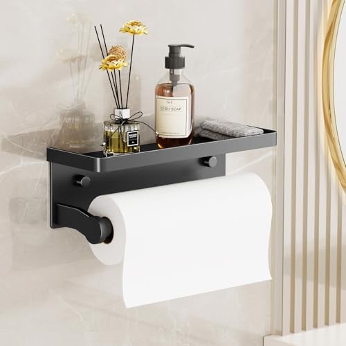 Dr.DJ Black Paper Towel Holder with Shelf Wall Mount Paper Towel Holder for Bathroom Kitchen Hand Towel Rack HolderPaper Roll Holder with Self Adhesive ScrewRV - Image 1