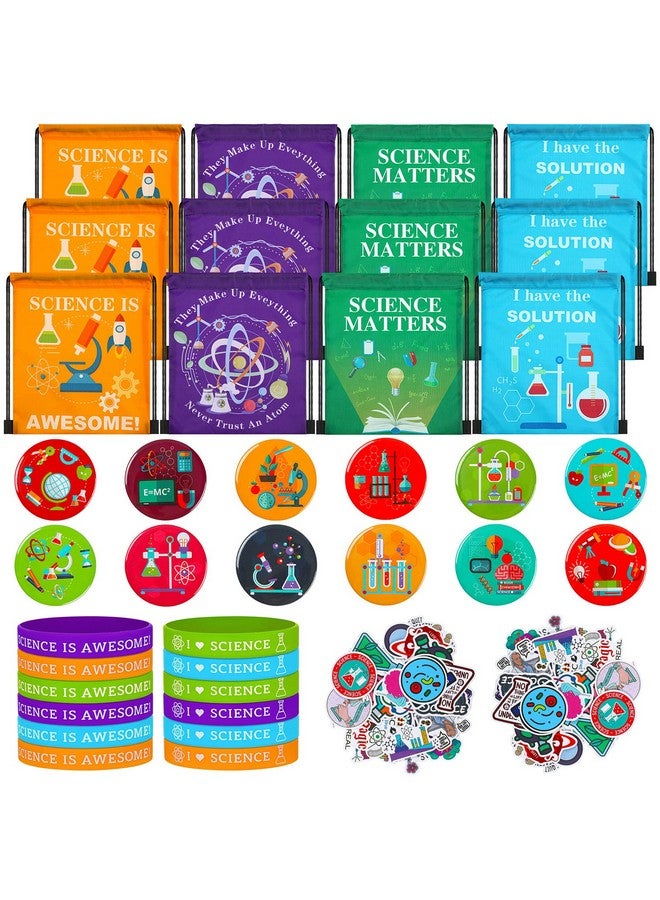 Sureio 86 Pcs Science Party Favors Include Science Party Drawstring Bags Silicone Bracelets Science Stickers Kawaii Pins For Science Birthday Party Decorations Kid Classroom Prizes - Image 1