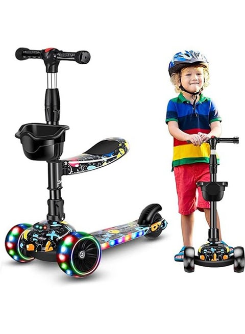 Kick Scooter, 3 Adjustable Height Foldable Scooter for Kids, Removable Seat, LED Light up Wheels and Music for Children 1-10 Years Old