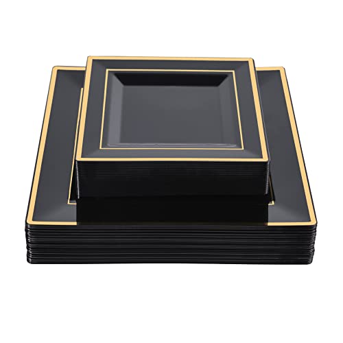 N9R 60 Pack Black Square Plastic Plates with Gold Rim Include 30 Disposable Dinner Plates 9.5 Inch and 30 Dessert Plate 6.5 Inch, Fancy Plate for Party, Wedding, Halloween and Daily Use - Image 1