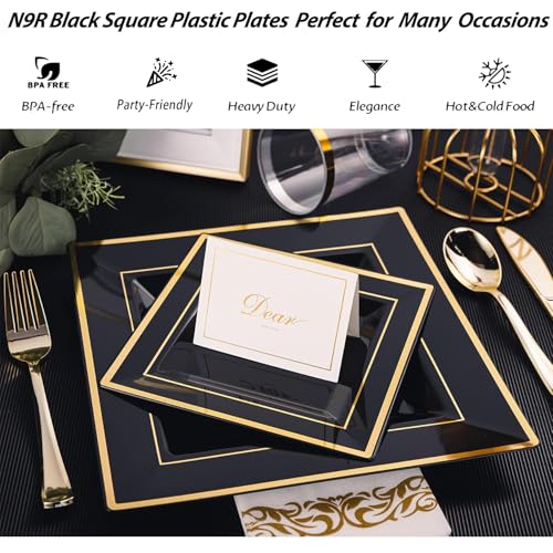 N9R 60 Pack Black Square Plastic Plates with Gold Rim Include 30 Disposable Dinner Plates 9.5 Inch and 30 Dessert Plate 6.5 Inch, Fancy Plate for Party, Wedding, Halloween and Daily Use - Image 3