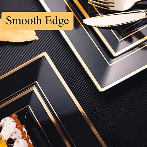 N9R 60 Pack Black Square Plastic Plates with Gold Rim Include 30 Disposable Dinner Plates 9.5 Inch and 30 Dessert Plate 6.5 Inch, Fancy Plate for Party, Wedding, Halloween and Daily Use - Image 5