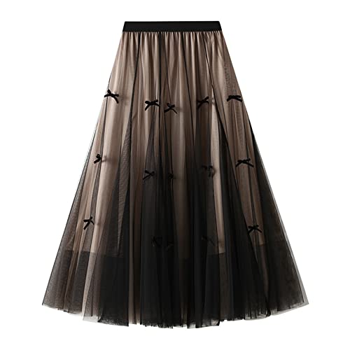 Dirholl Women's A-Line Fairy Patterned Elastic Waist Ruffle Tulle Layered Midi Skirt Bowknot B Khaki - Image 1