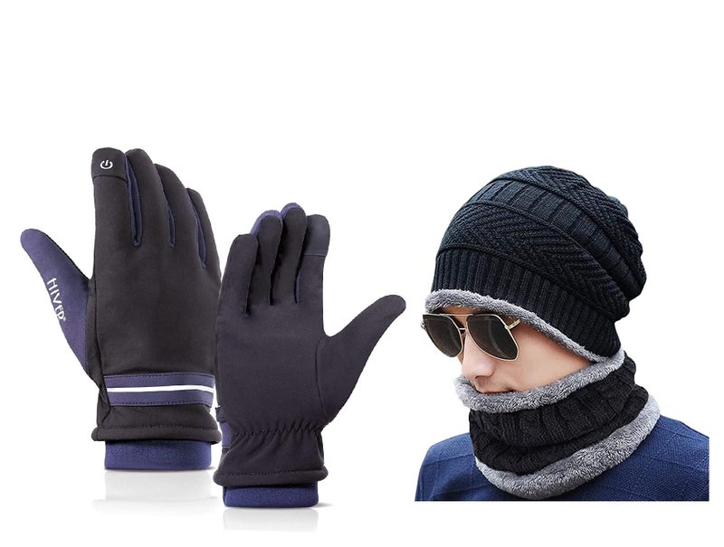 HIVER Winter Beanie Cap Scarf Set Warm Knit Cap Thick Fleece Lined Winter Hat & Scarf for Men Women (Black With Gloves) - Image 1