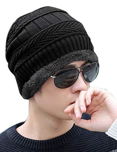 HIVER Winter Beanie Cap Scarf Set Warm Knit Cap Thick Fleece Lined Winter Hat & Scarf for Men Women (Black With Gloves) - Image 5