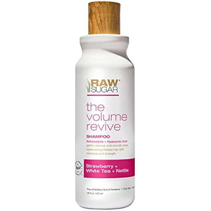 RAW SUGAR Volume Revive Shampoo. Antioxidants + Hyaluronic Acid. Strawberry + White Tea + Nettle. 18 Fl Oz Bottle
