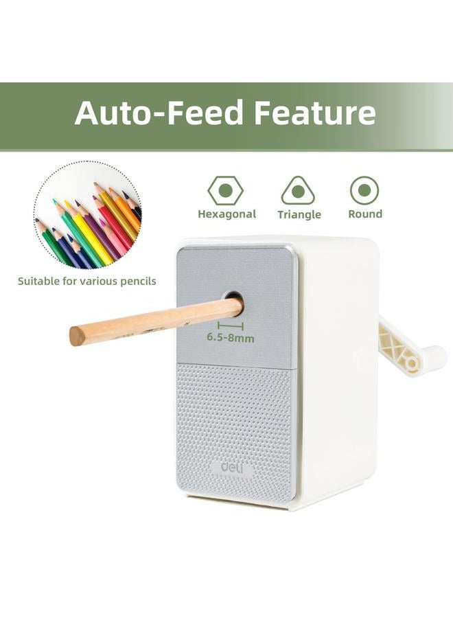 Deli Manual Pencil Sharpener, Auto-in Hand Crank Pencil Sharpener with Adjustable Point for Pencils and Colored Pencils, Pencil Sharpener for Kids, Students, Classroom, Home and Office, White - Image 2