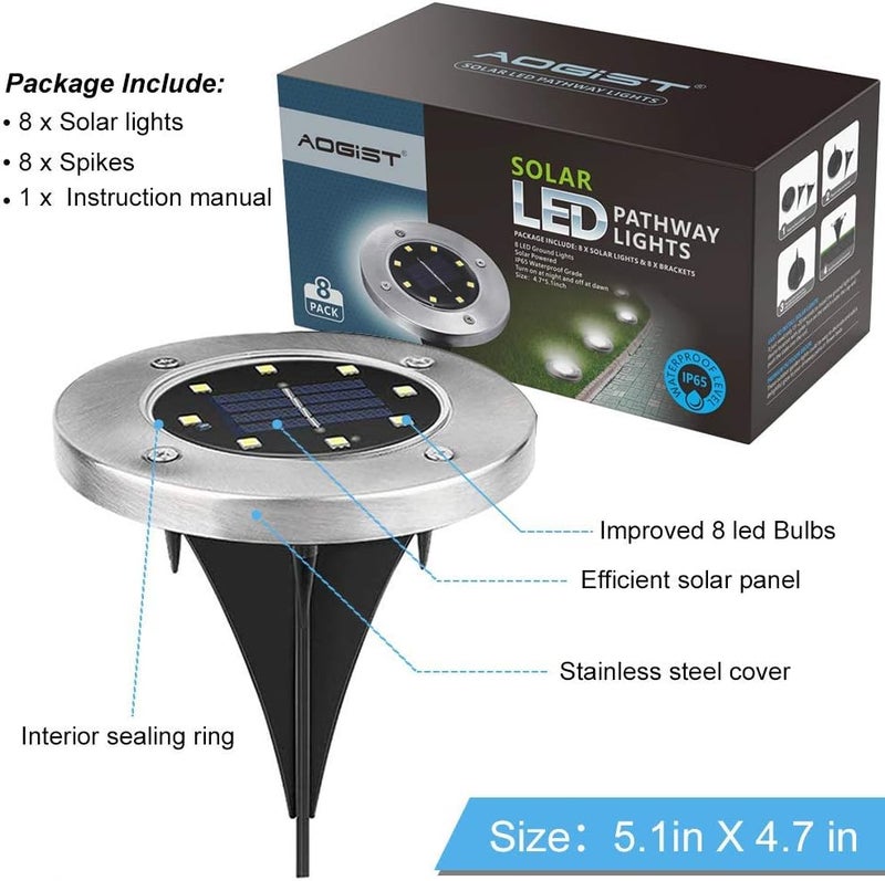 Aogist Solar Ground Lights, 8 LED Garden Disk Lights In-Ground Outdoor Landscape Lighting for Lawn Patio Pathway Yard Deck Walkway (Warm White, 8 Pack) - Image 2