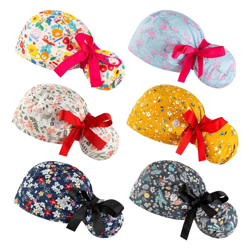 YEAJOIN Scrub Caps Women Bouffant Scrub Hats Caps Nurses, Adjustable Working Cap Ponytail Pouch Tie Back Hats