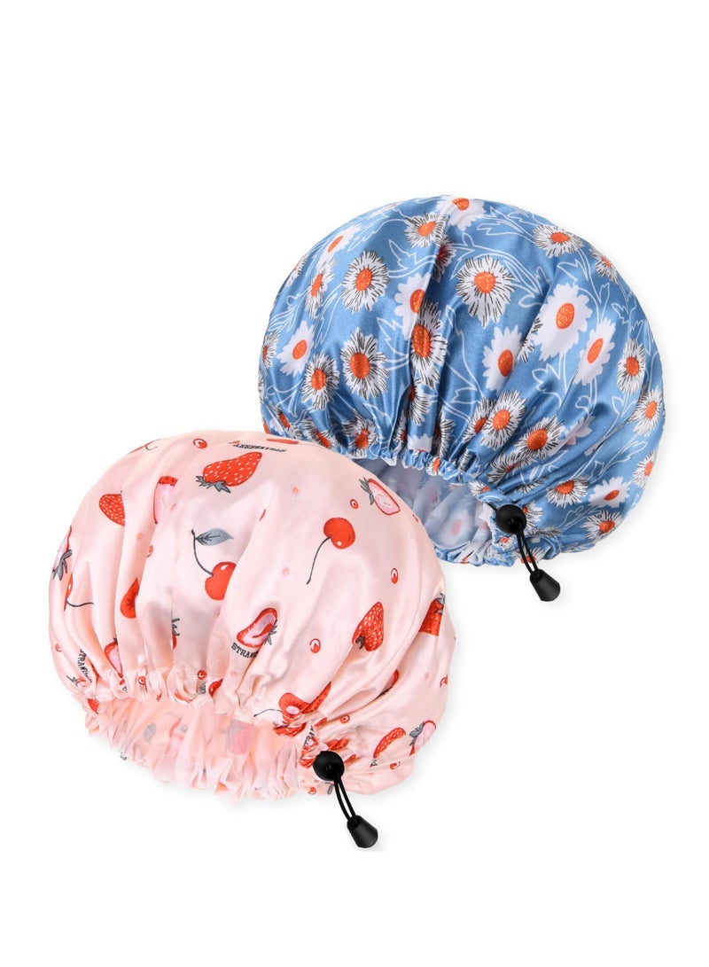 Shower Caps for Women, 2PCS Satin Silk Bonnet Reusable Bath Caps, Double Waterproof Layers Shower Cap, Bathing Shower Caps, Hair Wrap Bonnets for Women Spa, Hair Salon, Home Hotel Travel - Image 1