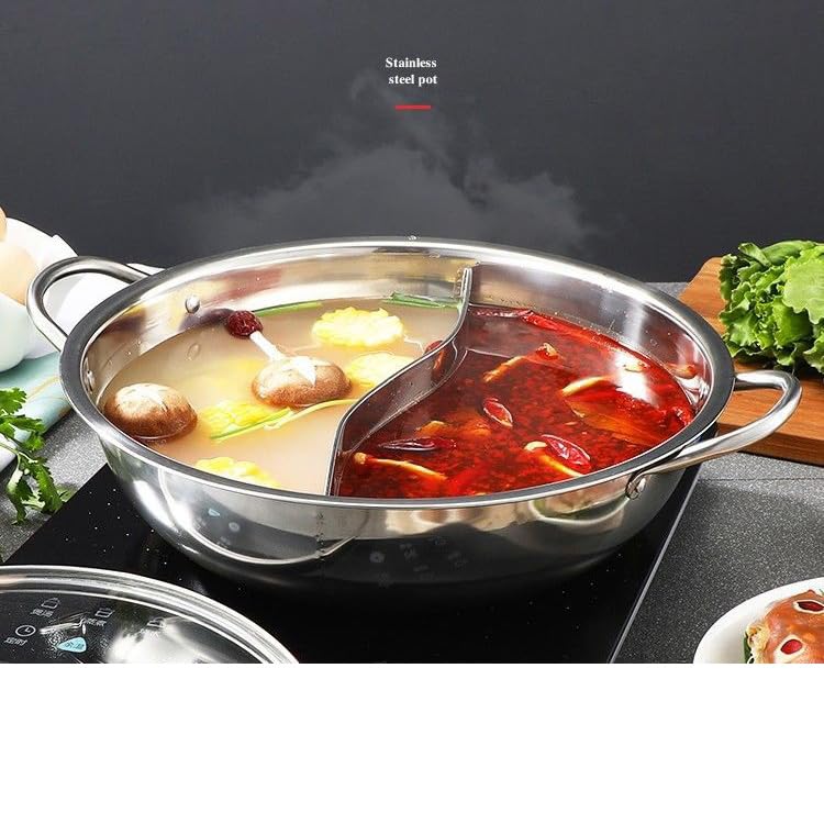 VBM 2 في 1 شابو شابو فاصل وعاء ساخن مع غطاء زجاجي، وعاء حساء بنكهتين من الفولاذ المقاوم للصدأ، طباخ رامين، وعاء متعدد الاستخدامات للشواء الكوري من الفولاذ المقاوم للصدأ - Image 2