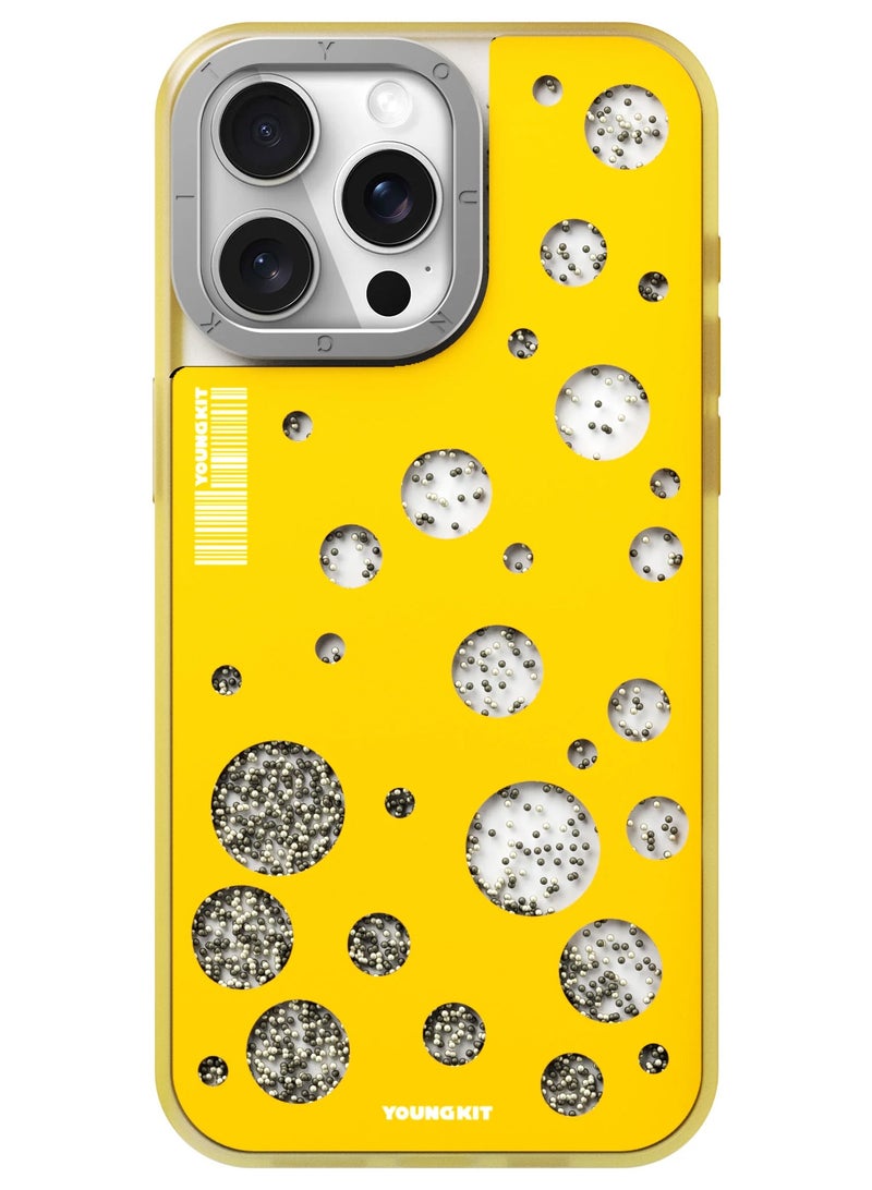 YOUNG KIT حافظة آيفون 15 برو ماكس 6.7 بوصة من سلسلة FlowBeads بتصميم نقاط البولكا - لون أصفر - Image 1