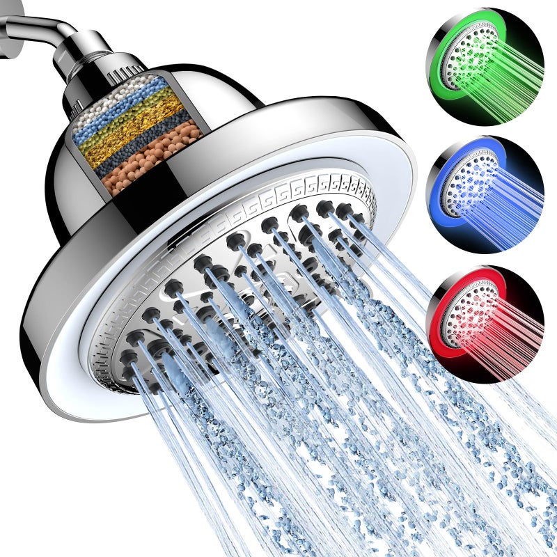 FEELSO Filtered Shower Head with LED Color Changing, 7 Modes High Pressure Rain Shower Head with Filters, Water Softener Showerhead for Hard Water Remove Chlorine, Reduces Dry Itchy Skin & Hair - Image 1