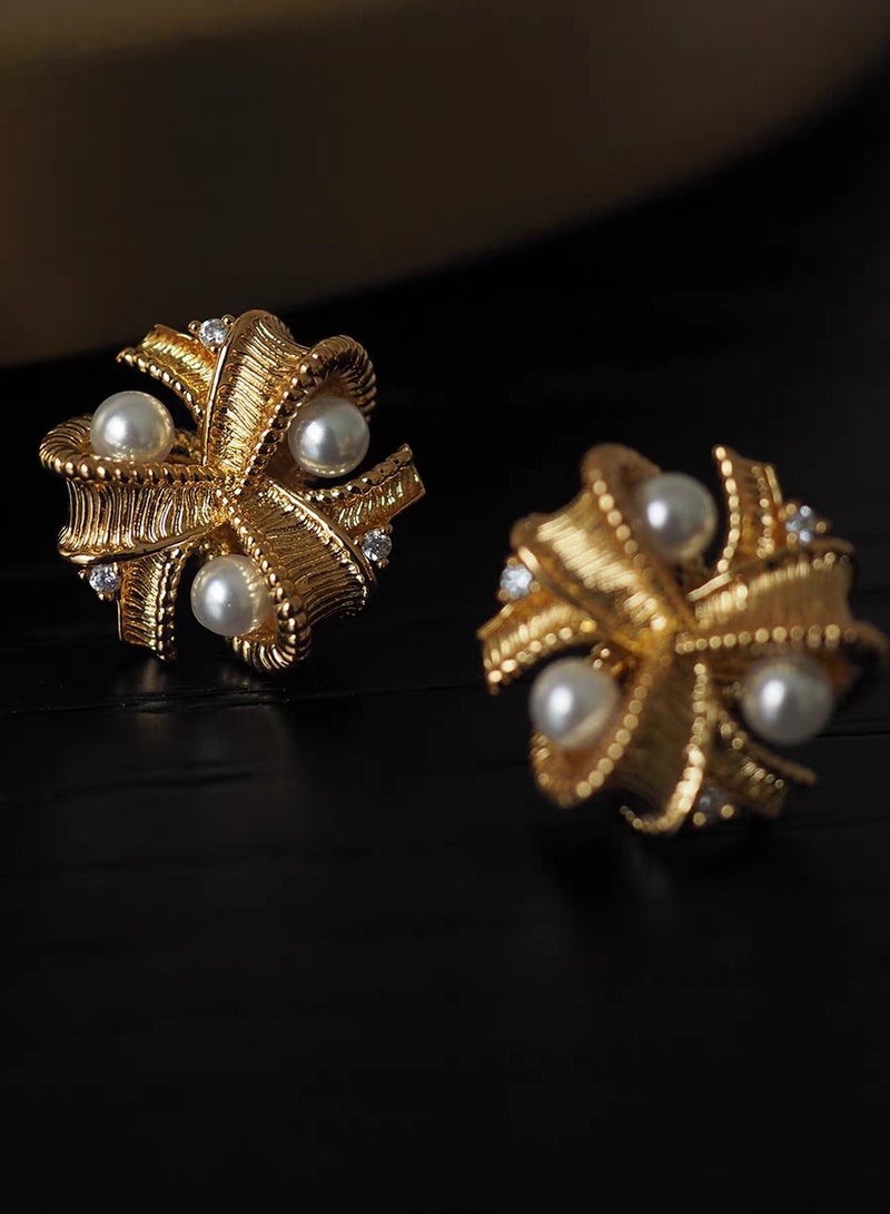 French Retro Elegance, Vintage Gold Zircon with Pearl Spiral 925 Silver Earrings - Image 1