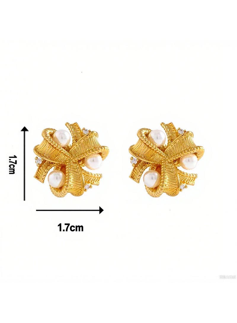 French Retro Elegance, Vintage Gold Zircon with Pearl Spiral 925 Silver Earrings - Image 3