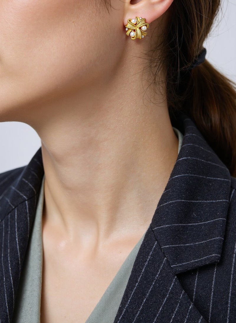 French Retro Elegance, Vintage Gold Zircon with Pearl Spiral 925 Silver Earrings - Image 4