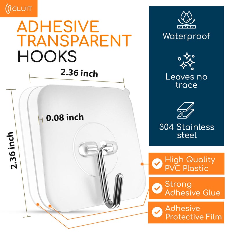 GLUIT Adhesive Wall Hooks for Hanging Heavy Duty 22 lbs Hooks for Walls No Drill, Towel Sticky Clear Hook, Waterproof, Home, Bathroom, Kitchen, Office, and Outdoor 6 Pack - Image 3
