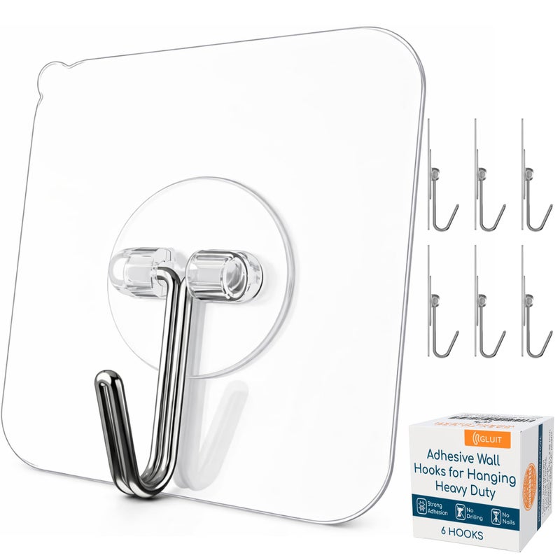 GLUIT Adhesive Wall Hooks for Hanging Heavy Duty 22 lbs Hooks for Walls No Drill, Towel Sticky Clear Hook, Waterproof, Home, Bathroom, Kitchen, Office, and Outdoor 6 Pack - Image 1