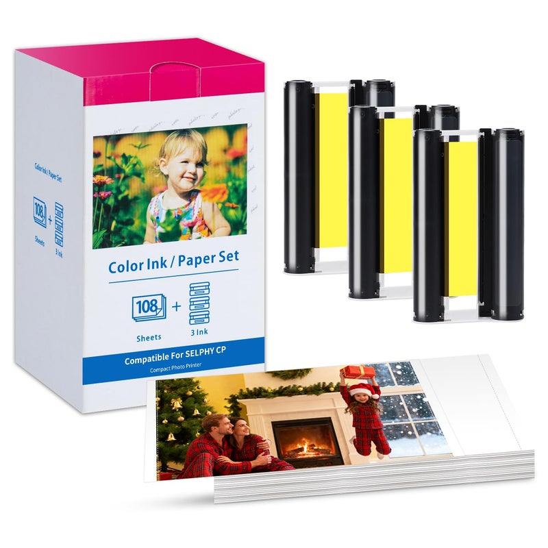 Freshworld Compatible for Canon Selphy CP1500 CP1300 Ink and Paper for Canon Photo Paper 4x6 Inch Color Ink and Paper Set(3 Ink + 108 Sheets Glossy KP-108in Photo Paper)for Selphy CP1200 CP1000 CP910 CP900 CP810 - Image 1