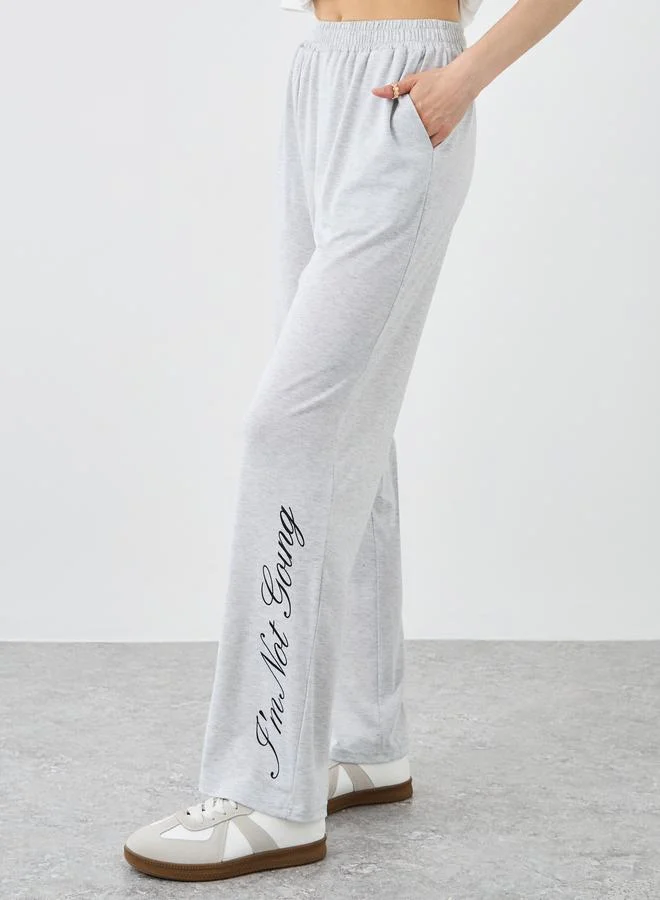 تايك تو Take Two Women Grey Slogan Print Wide Leg Joggers with Elastic Waistband
