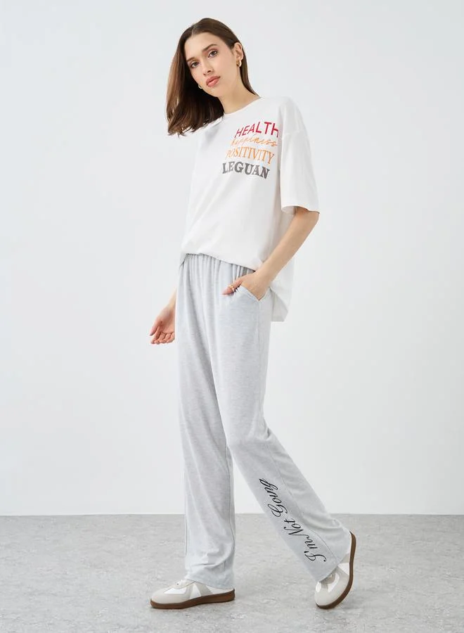 تايك تو Take Two Women Grey Slogan Print Wide Leg Joggers with Elastic Waistband