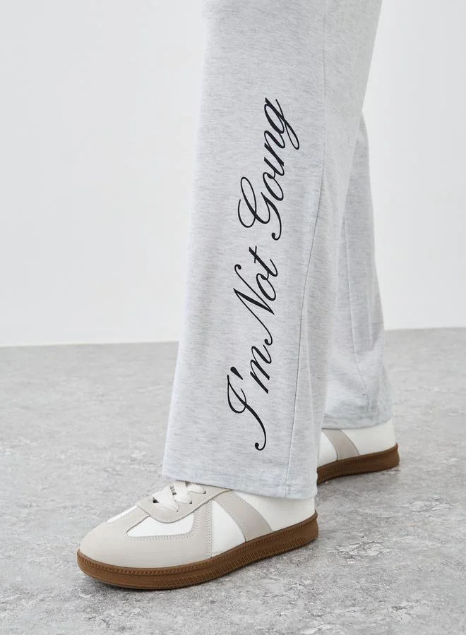 Take Two Take Two Women Grey Slogan Print Wide Leg Joggers with Elastic Waistband