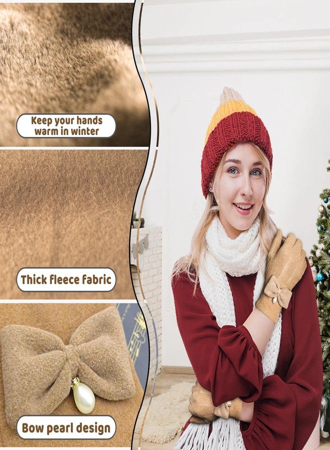 Feelorna Women Winter Gloves, Ladies Fashion Fleece Lined Warm Gloves with Cute Bow Elegant Soft Thermal Windproof Touchscreen Gloves for Cold Weather Dressing Driving Running Cycling(Khaki) - Image 3
